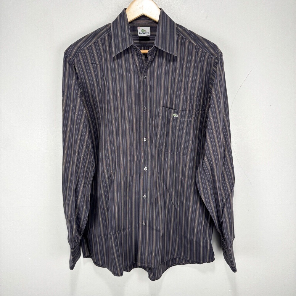 Lacoste Slim Fit French Collar Cotton Poplin Shirt Men Size 42 Brown Striped